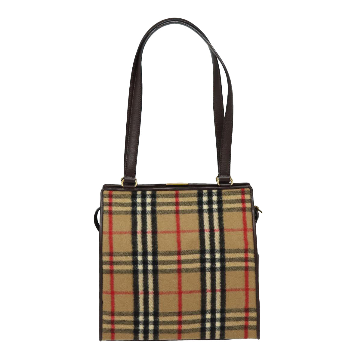 Luxury BurberrySs Nova Check Shoulder Bag Wool Beige Gold Auth 85746
