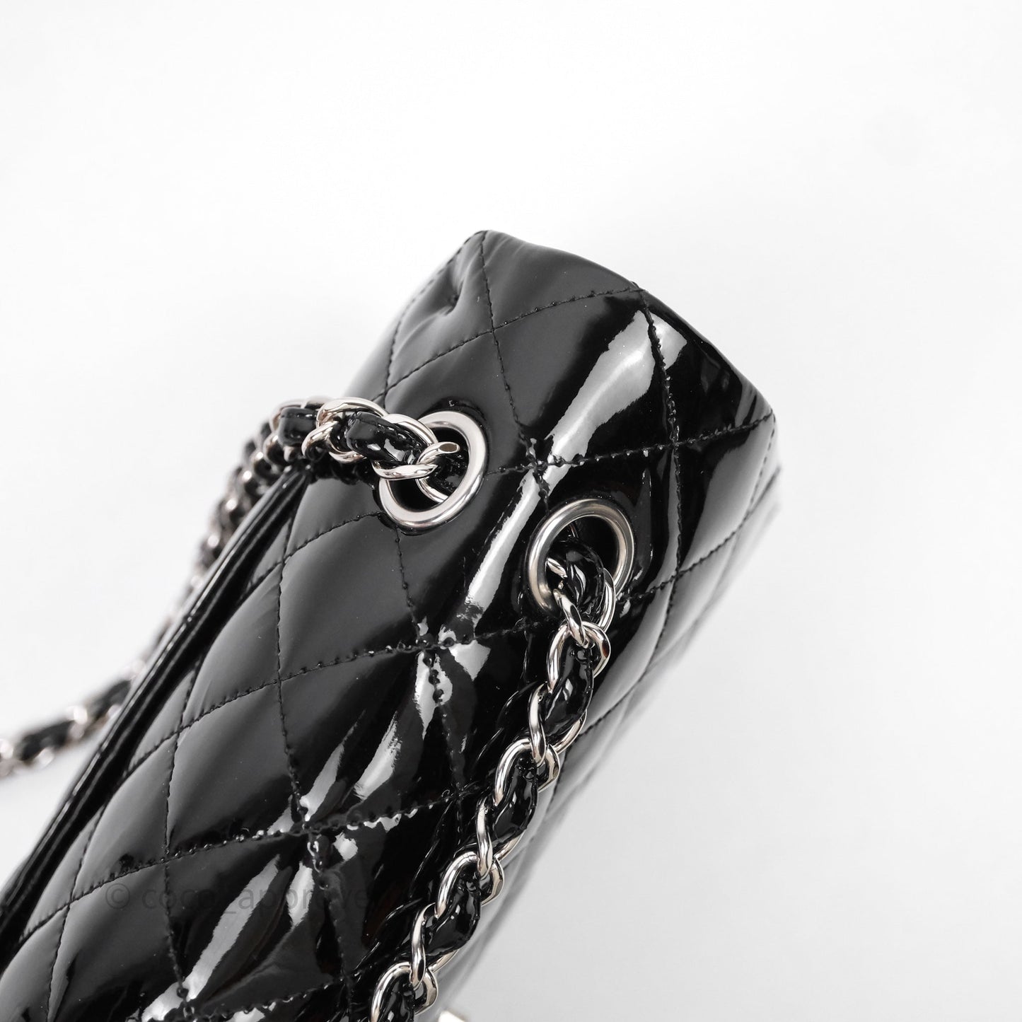 Chanel Medium Classic Flap Quilted Black Patent Silver Hardware