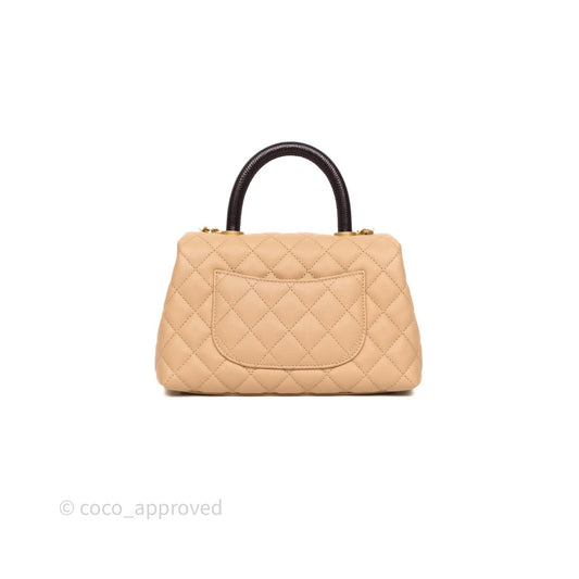 Chanel Small Coco Handle Quilted Beige Caviar Gold Hardware Lizard Handle
