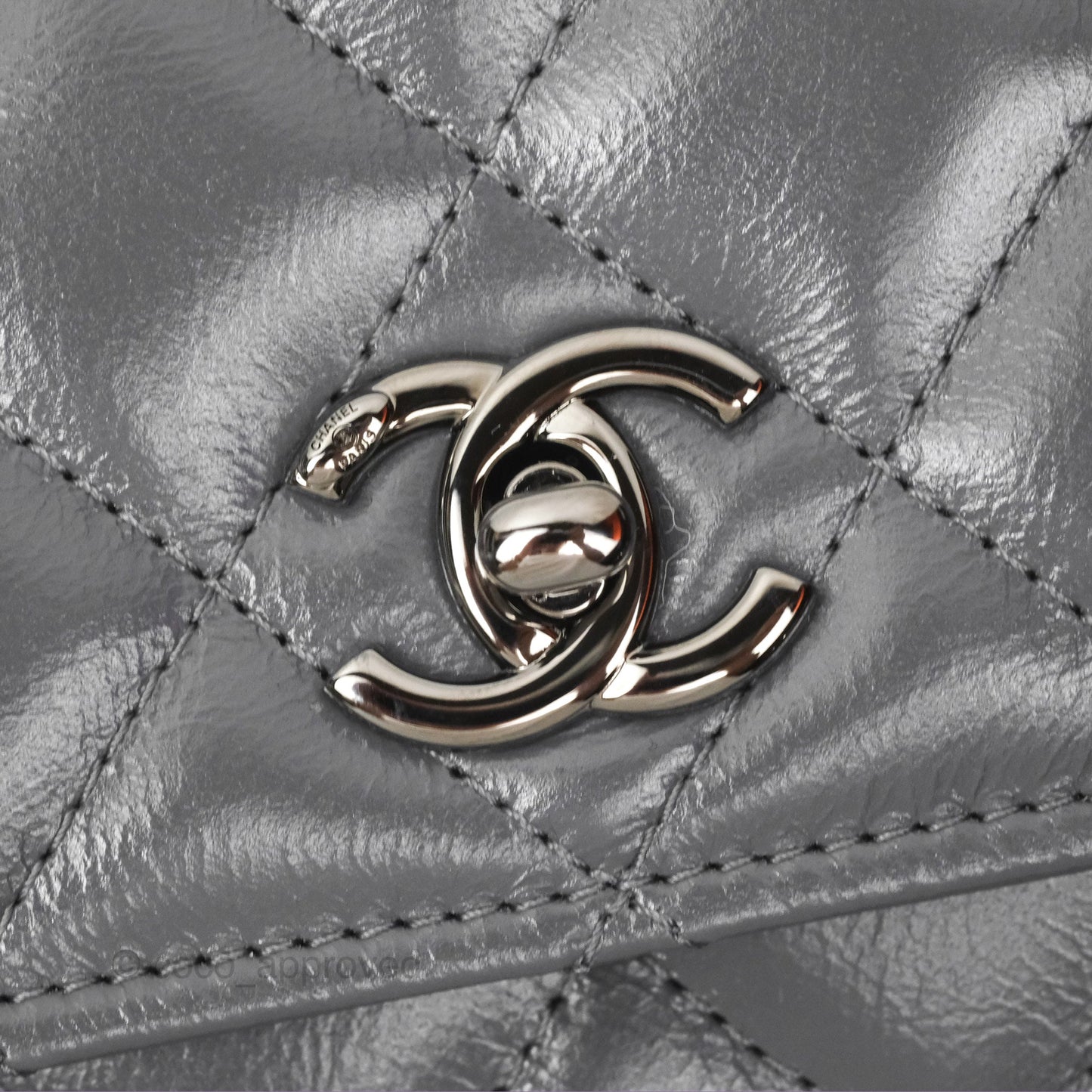 Chanel Top Handle Wallet On Chain WOC Dark Grey Calfskin Gun Metal 23K