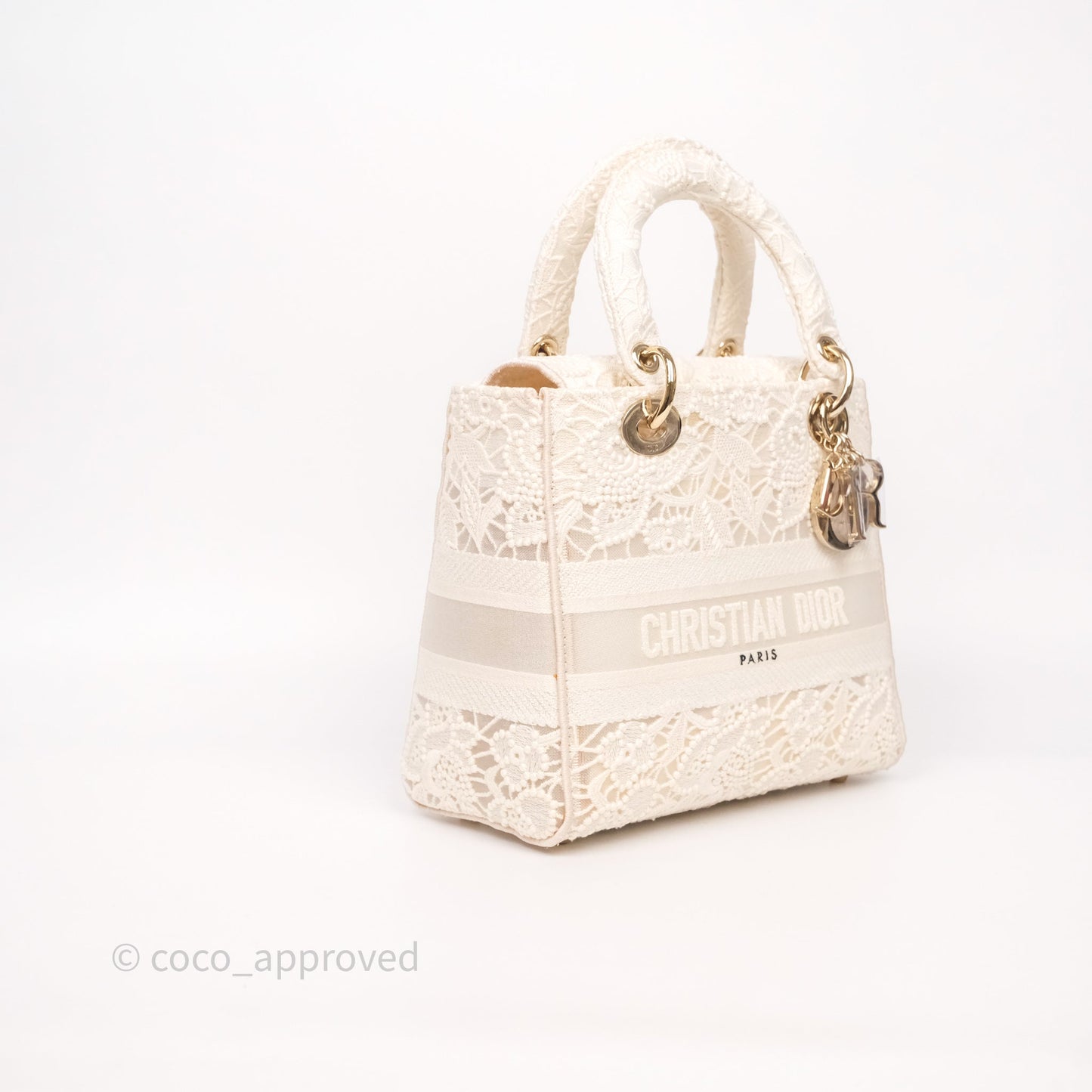 Christian Dior Lace Medium Lady Dior Ivory White Gold Hardware