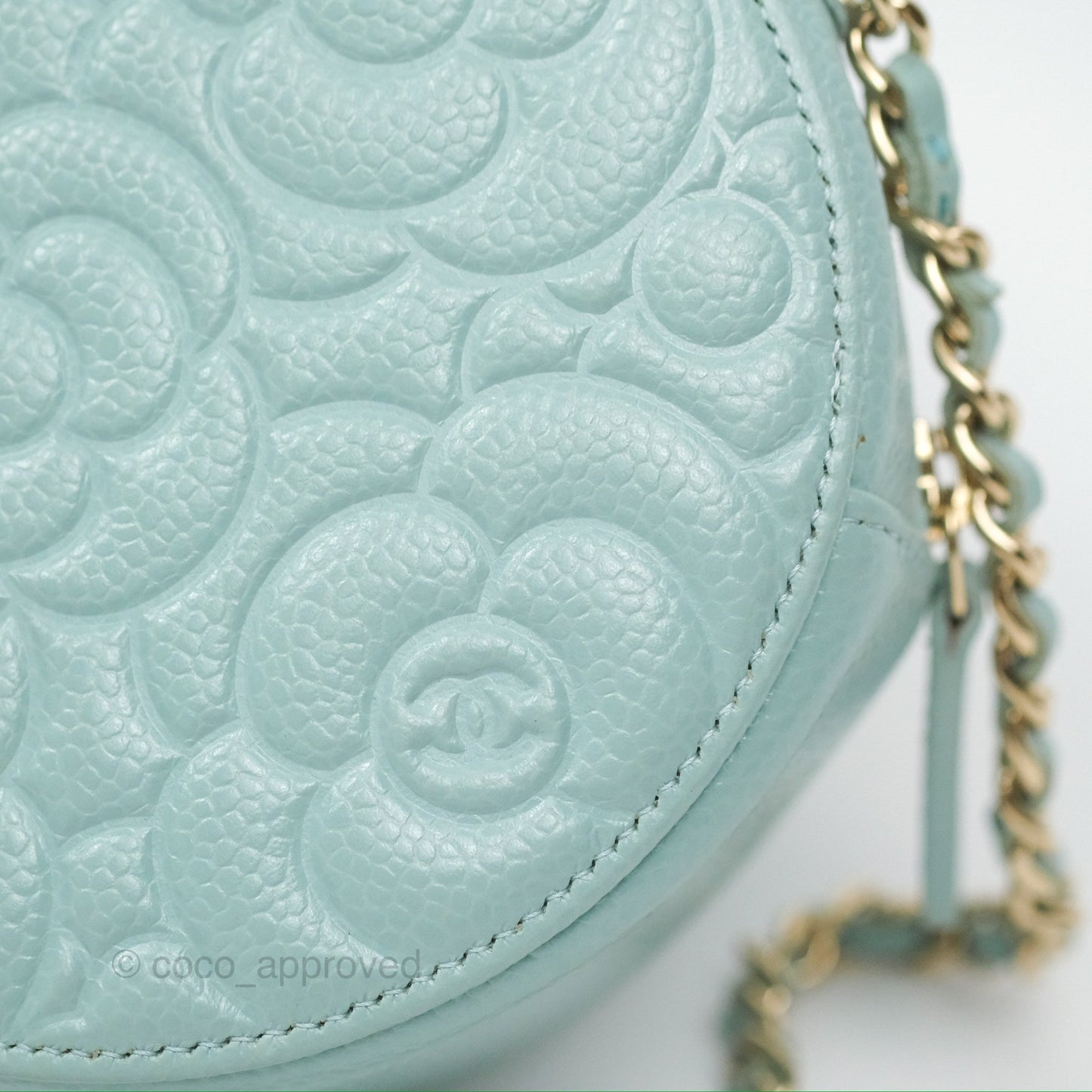 Chanel Camellia Embossed Round Clutch With Chain Light Tiffany Blue Caviar