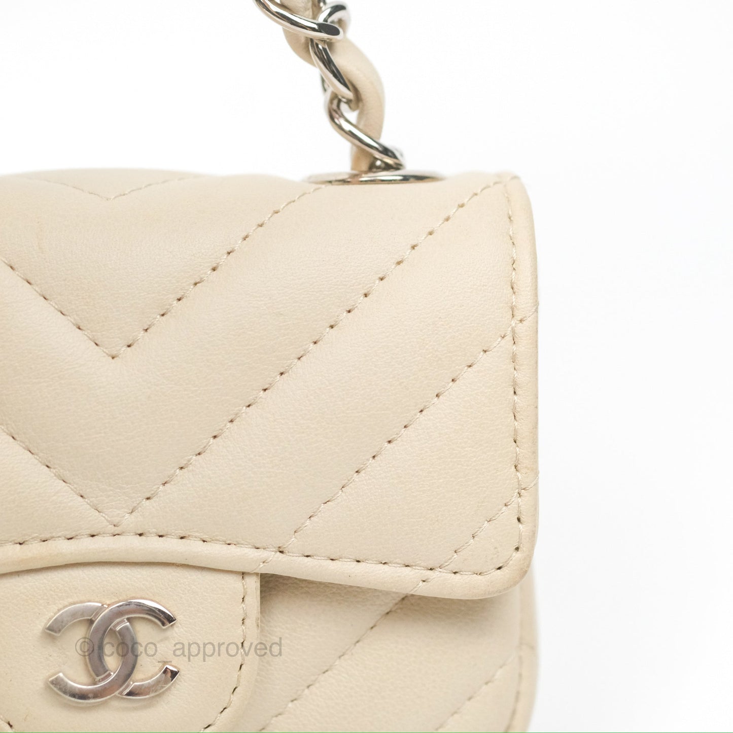 Chanel Mini Card Holder Chain Belt Bag Chevron Ivory Calfskin Silver Hardware