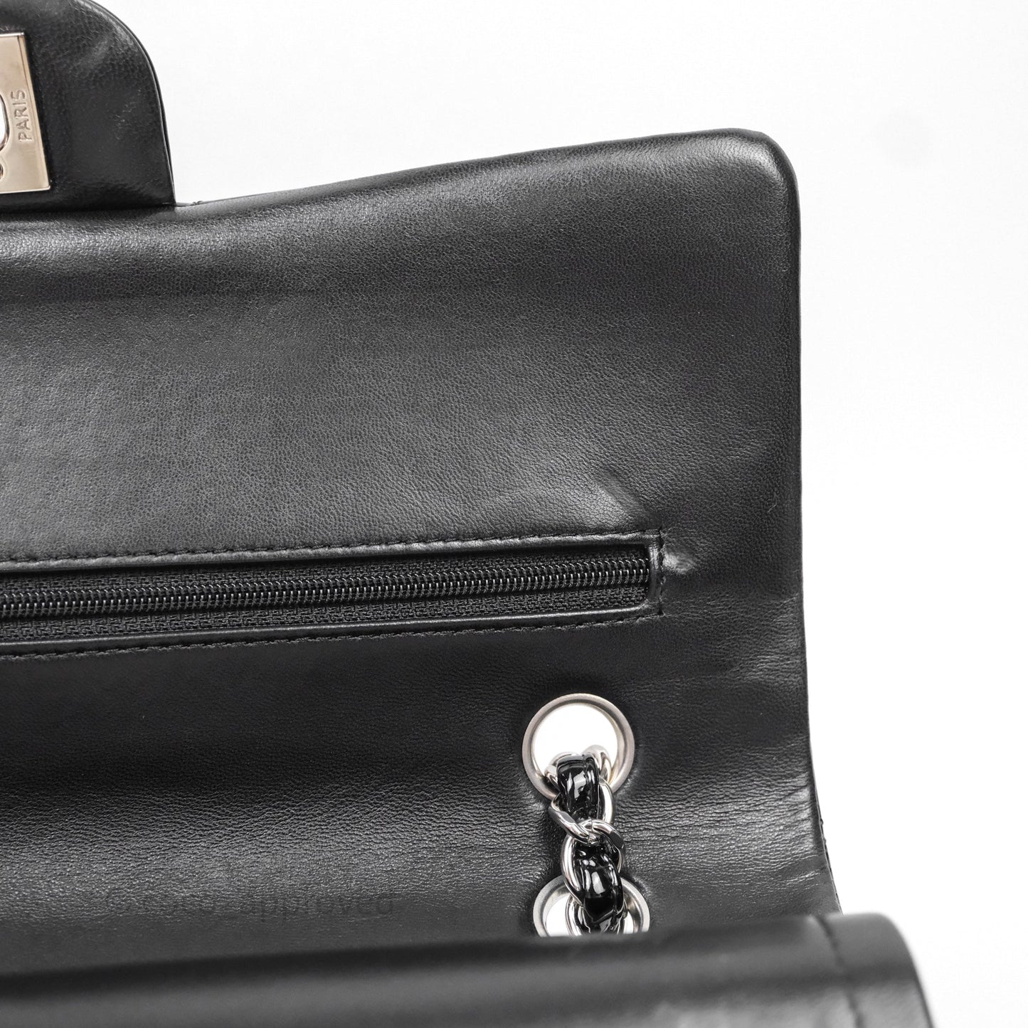 Chanel Medium Classic Flap Quilted Black Patent Silver Hardware