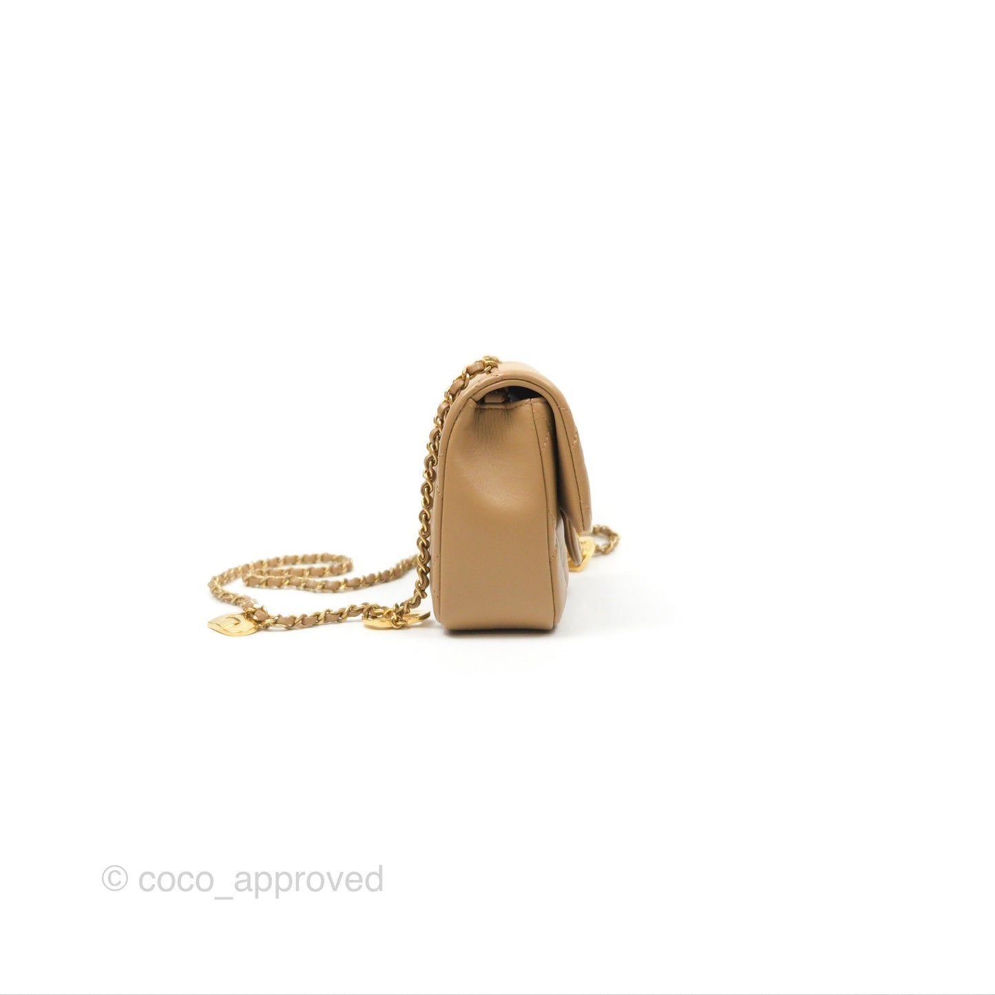 Chanel Mini Flap Bag With Heart CC Charm Dark Beige Lambskin Aged Gold Hardware
