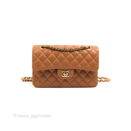 Chanel Small Classic Quilted Flap Dark Beige Caramel Lambskin Gold Hardware 21P