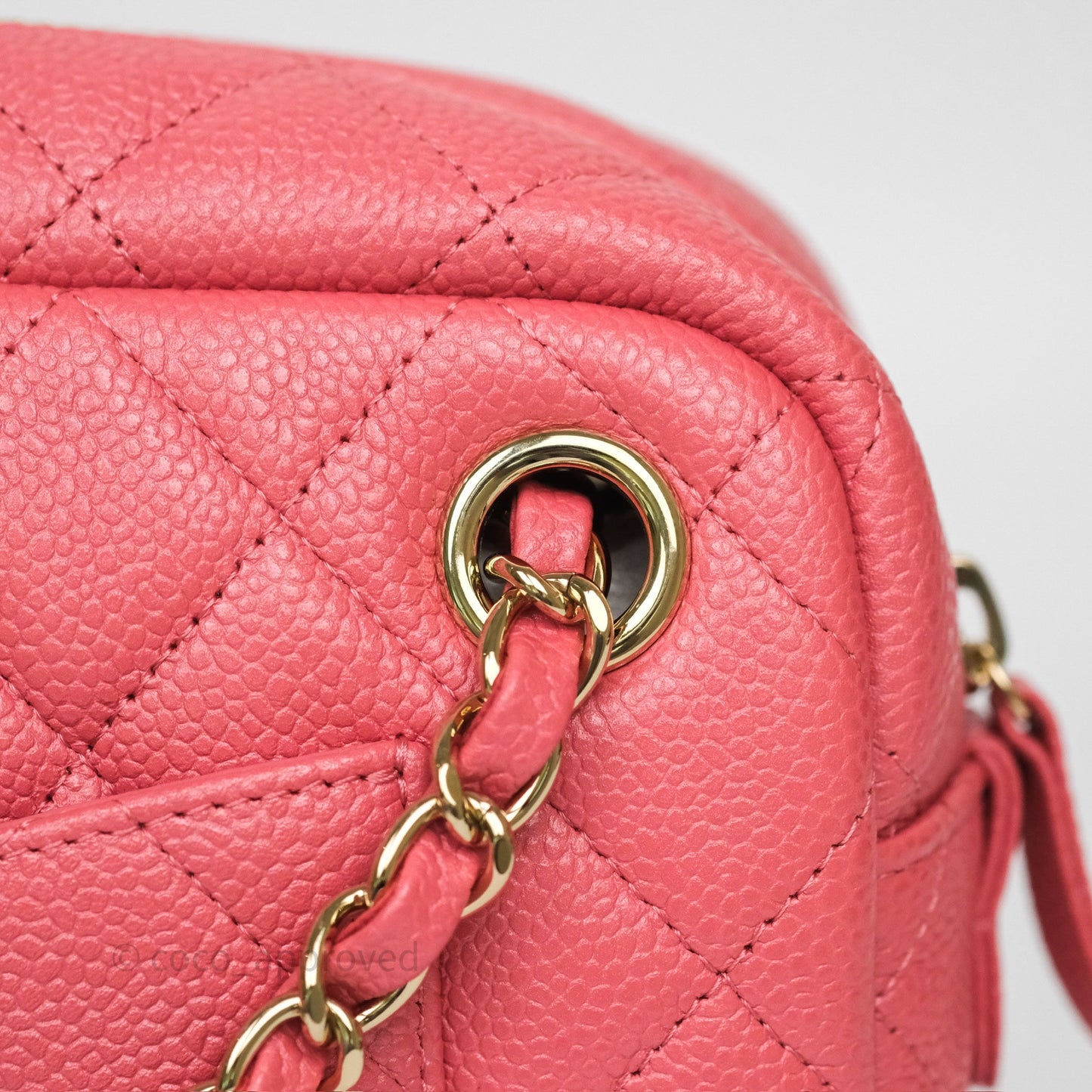 Chanel Camera Case Quilted Pink Shiny Caviar Gold Hardware