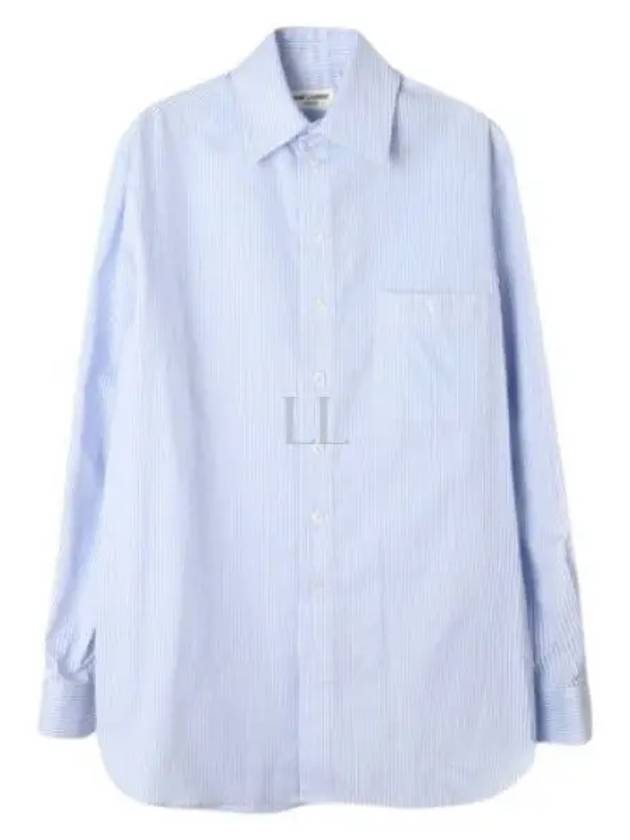 Luxury Saint Laurent Striped Cotton Poplin Monogram Long Sleeve Shirt Blue