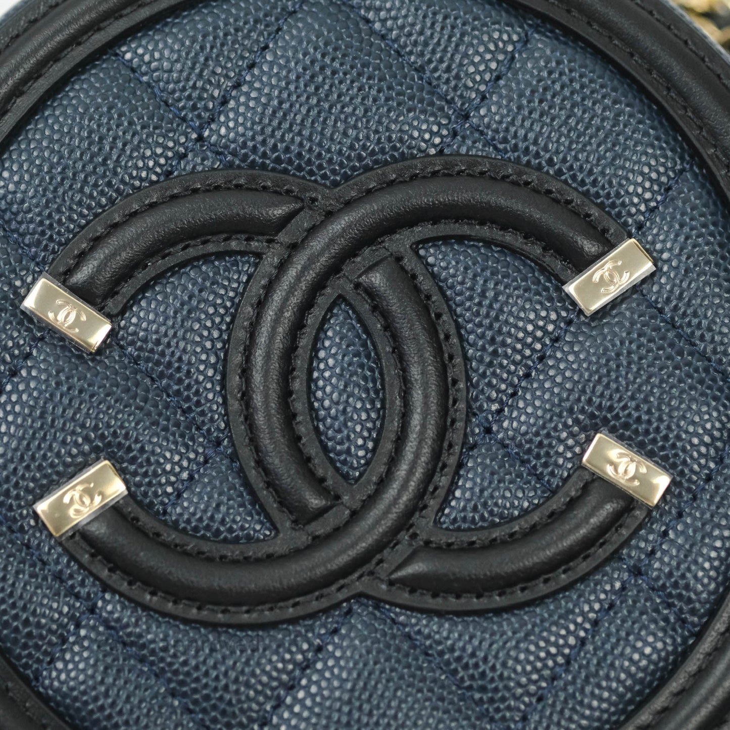 Chanel Quilted Round Filigree Clutch With Chain Navy Black Caviar Gold Hardware