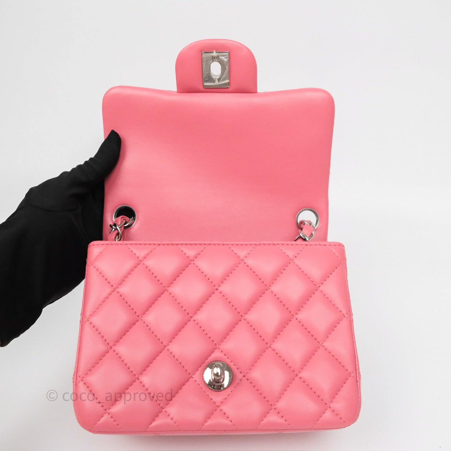 Chanel Mini Square Flap Quilted Pink Lambskin Silver Hardware