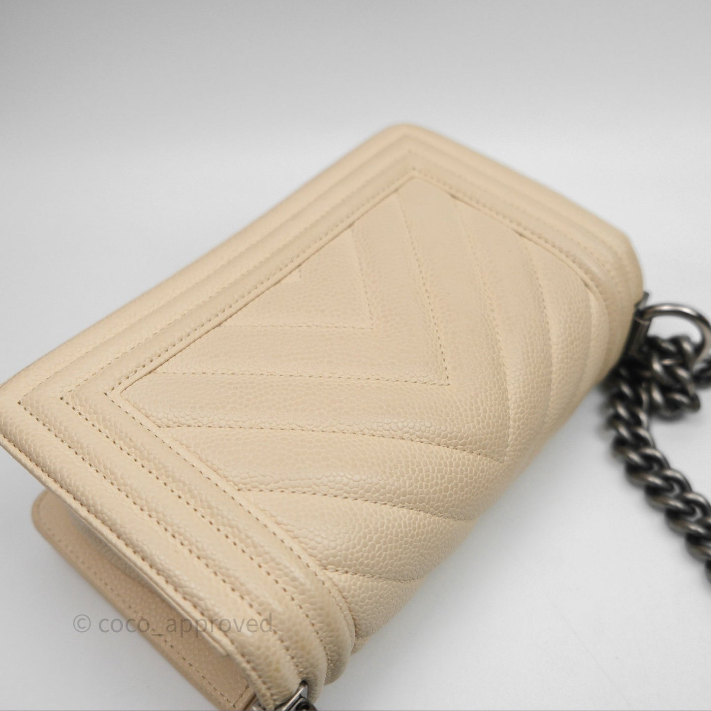 Chanel Small Boy Chevron Beige Caviar Ruthenium Hardware