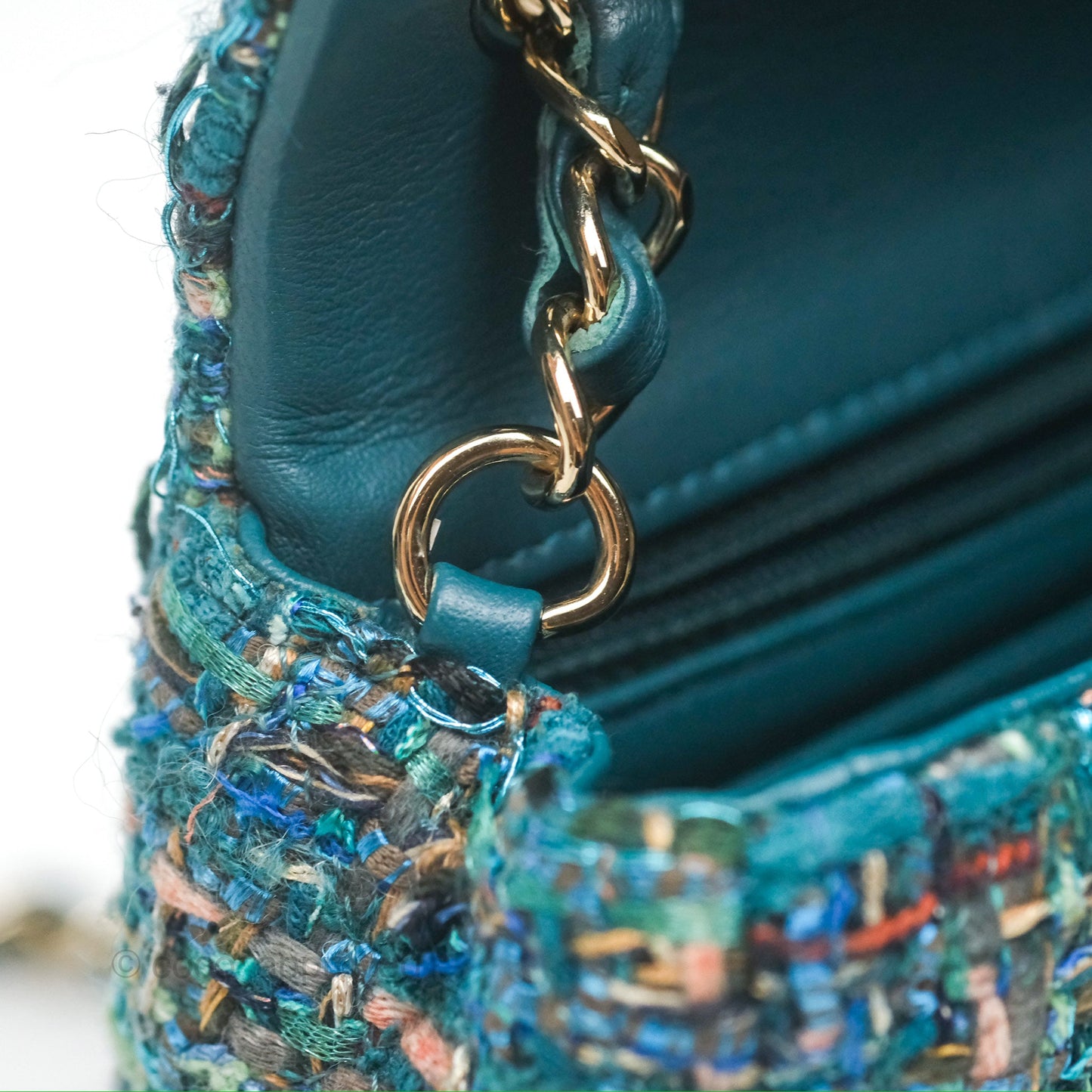 Chanel Mini Rectangular Flap Teal Tweed Gold Hardware