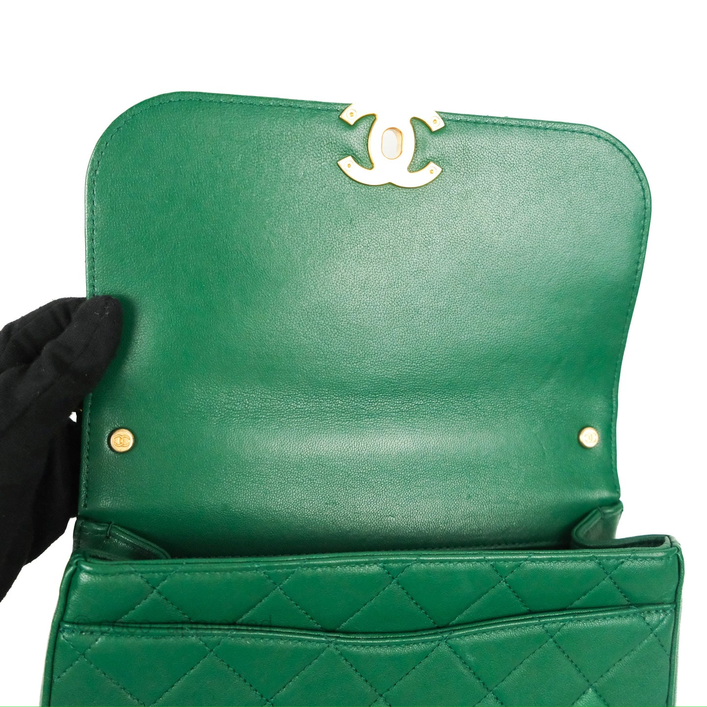 Chanel Chain Infinity Top Handle Bag Green Lambskin Aged Gold Hardware