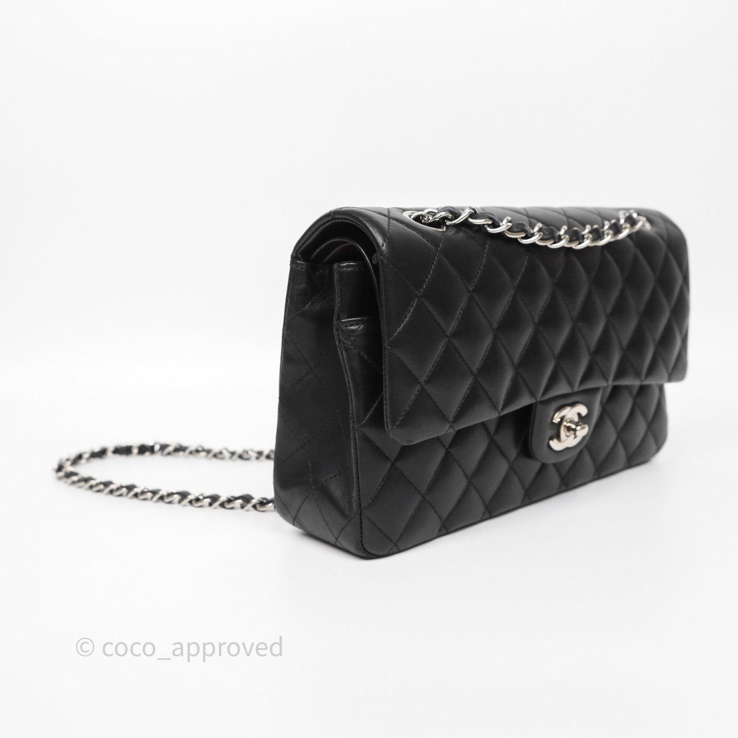 Chanel Classic M/L Medium Flap Quilted Black Lambskin Silver Hardware