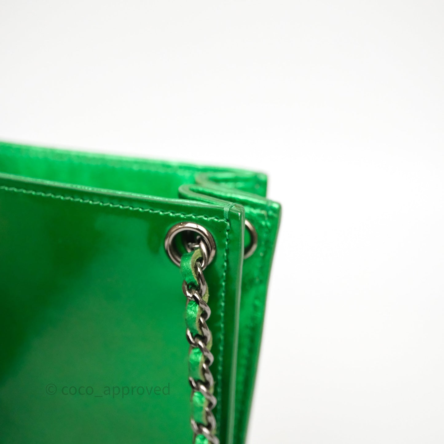 Chanel CC Phone Holder Metallic Green Patent Gun Metal Hardware