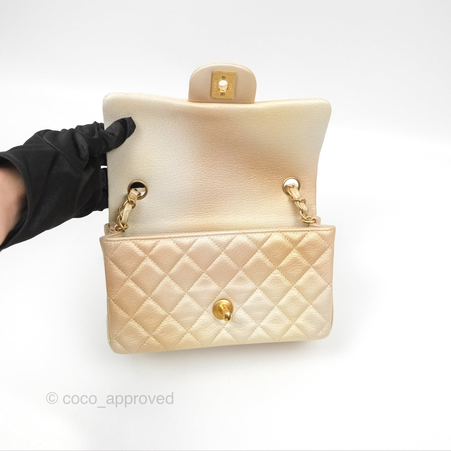 Chanel Mini Rectangular Flap Beige Ombre Iridescent Goatskin Aged Gold Hardware 22C
