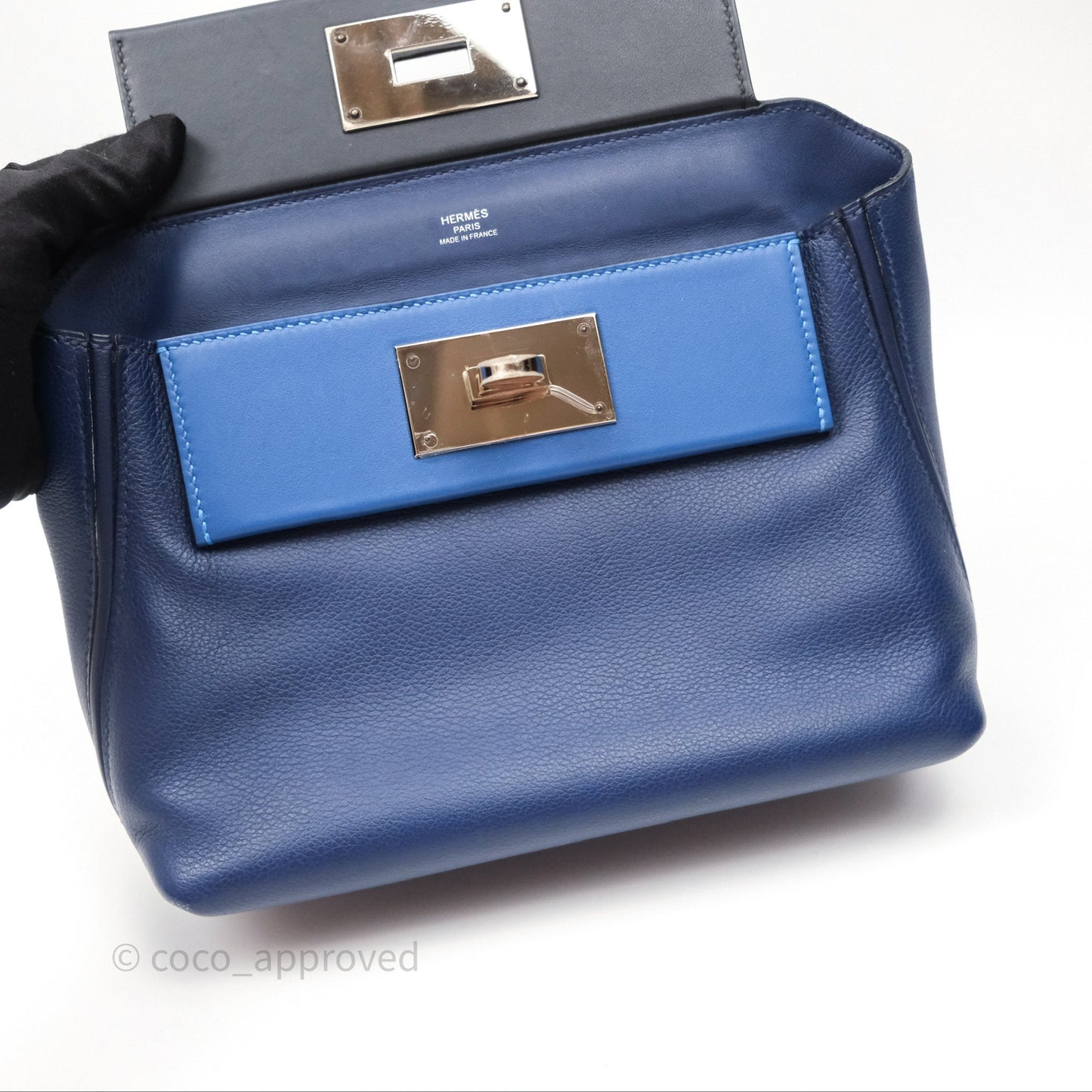 Hermès 24/24 21 Mini Bleu Saphir 73/ Bleu Indigo 76/ Bleu France 71 Evercolor/ Swift Palladium Hardware