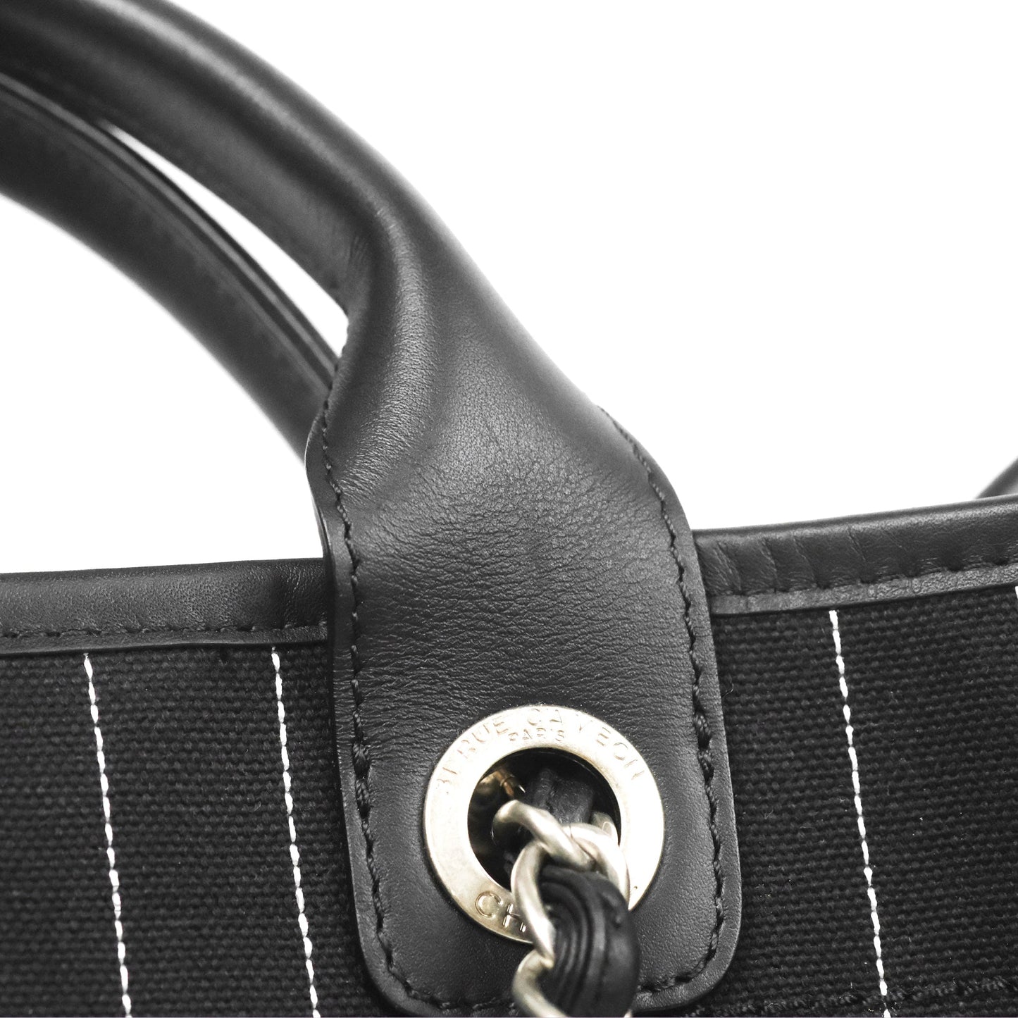 Chanel Large Deauville Black White Striped Canvas Aged Silver Hardware 23S