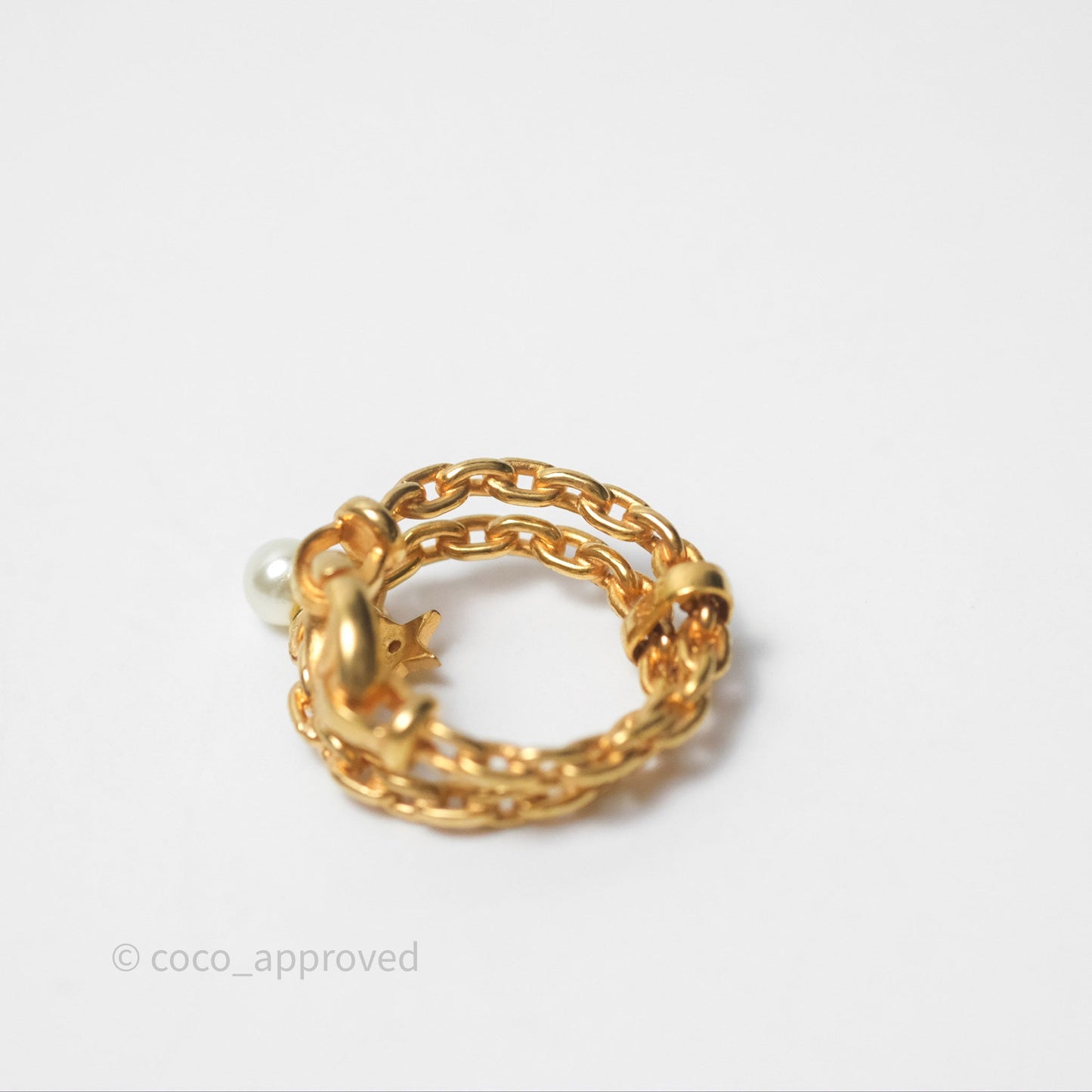 Christian Dior CD Double Chain Star Pearl Ring Gold Tone