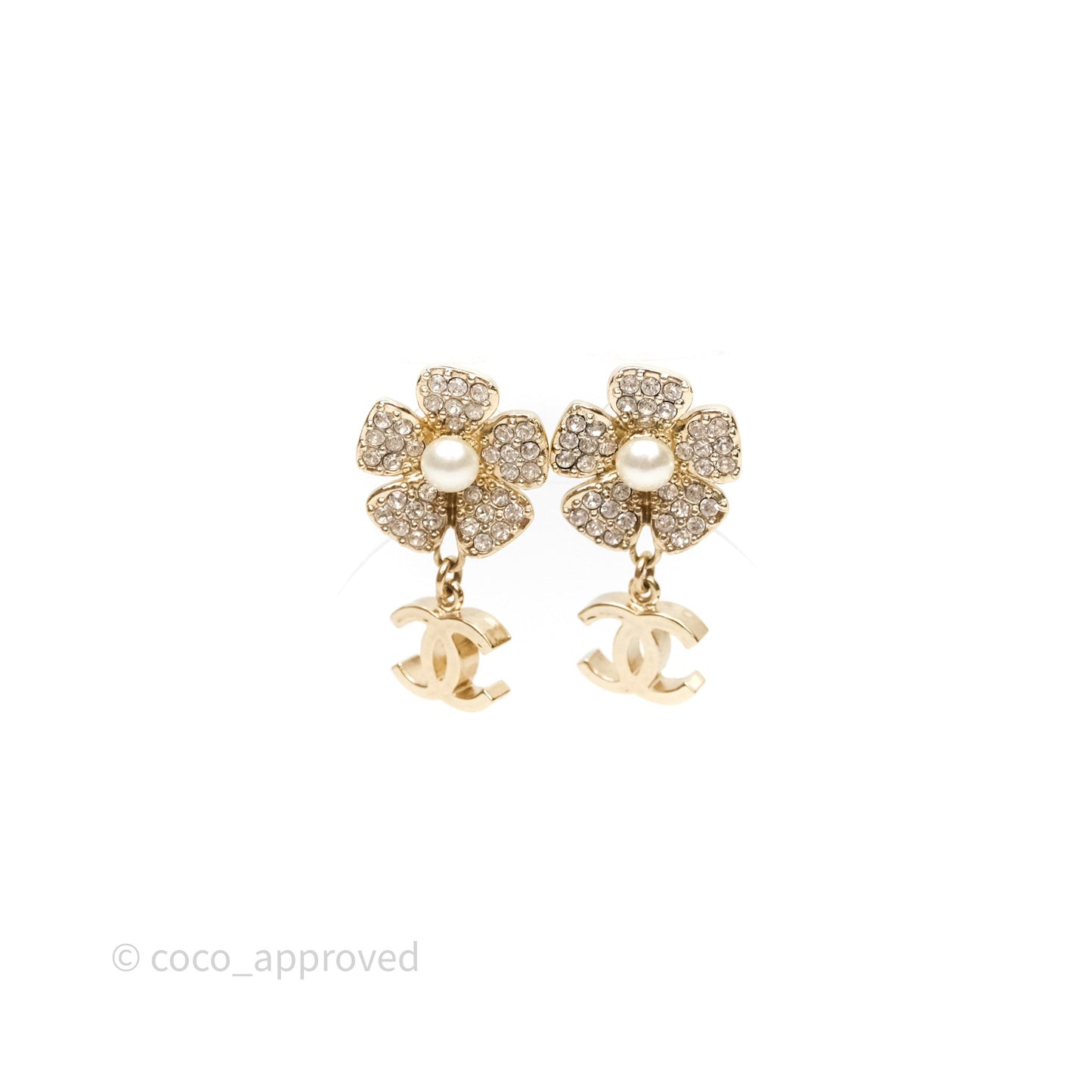 Chanel Crystals Pearl Flower Drop CC Earrings Gold Tone 23S