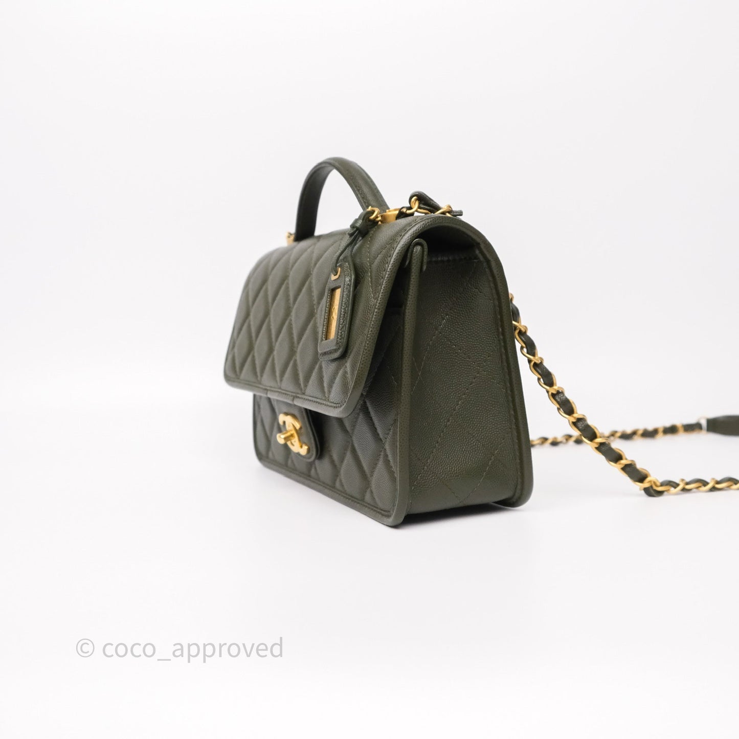 Chanel School Memory Top Handle Flap Army Green Caviar Aged Gold Hardware