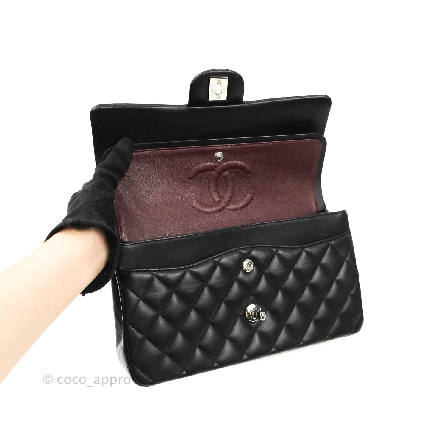 Chanel Classic M/L Medium Double Flap Black Lambskin Silver Hardware