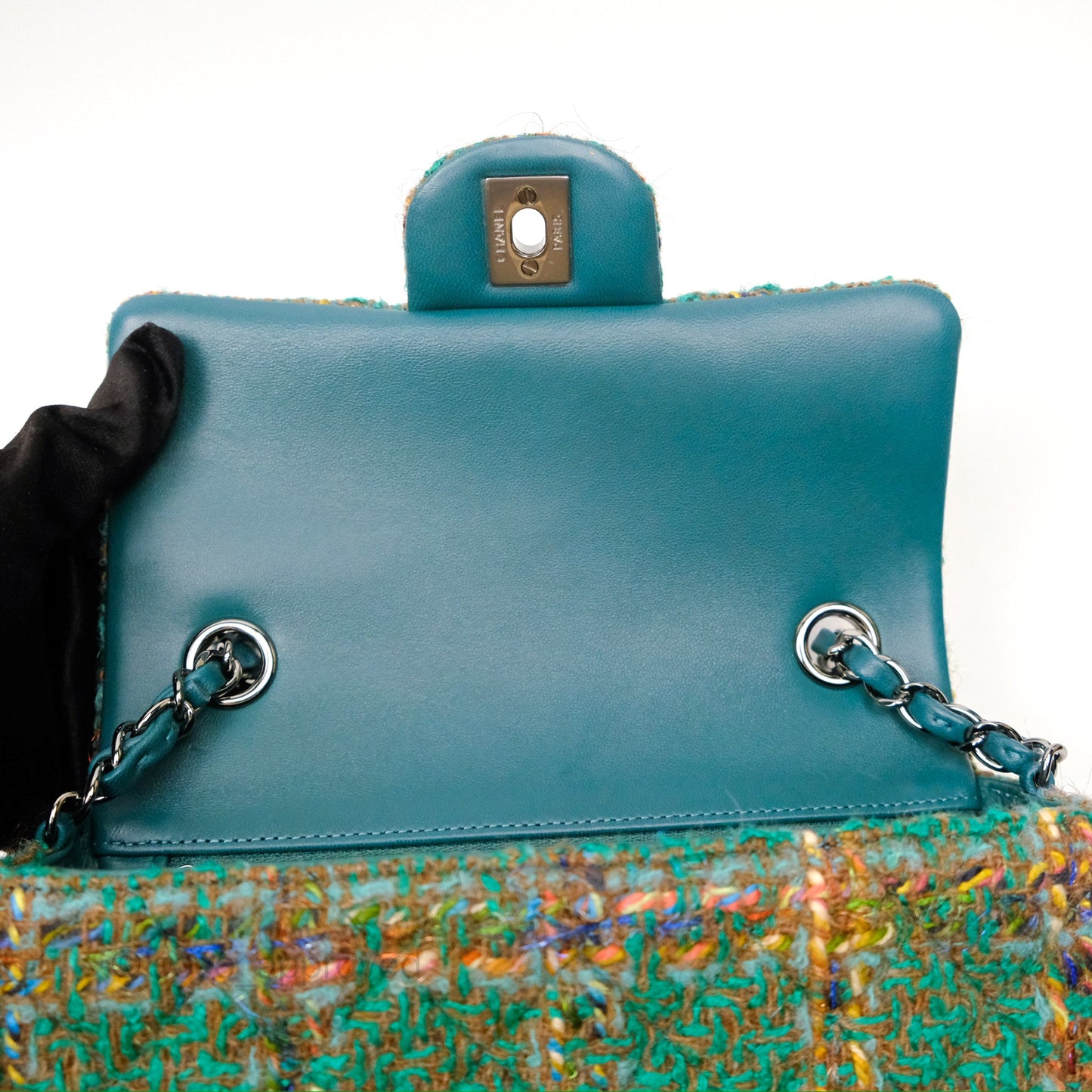 Chanel Mini Rectangular Flap Quilted Green Tweed Gun Metal 23A