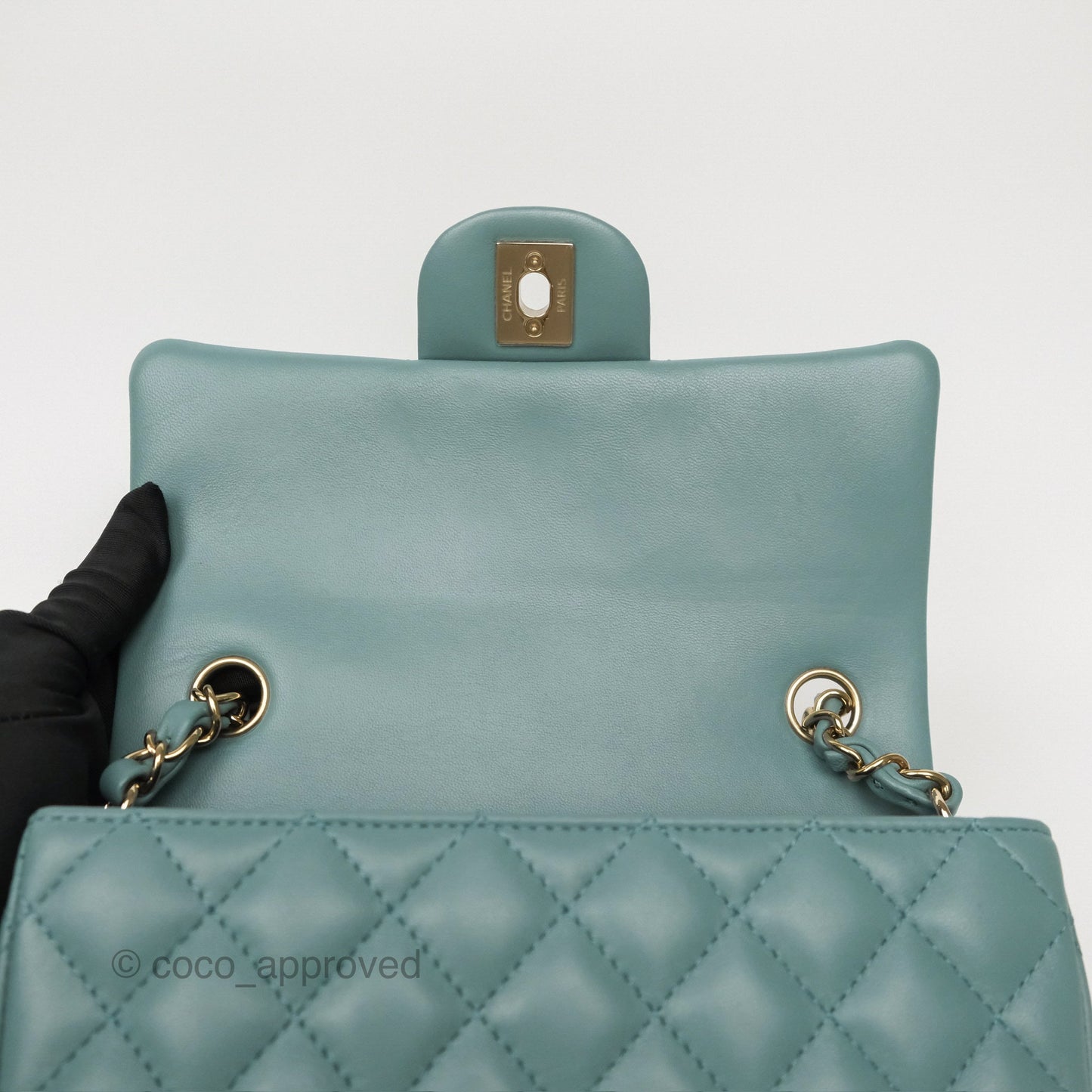 Chanel Quilted Mini Rectangular Flap Turquoise Blue Lambskin Gold Hardware