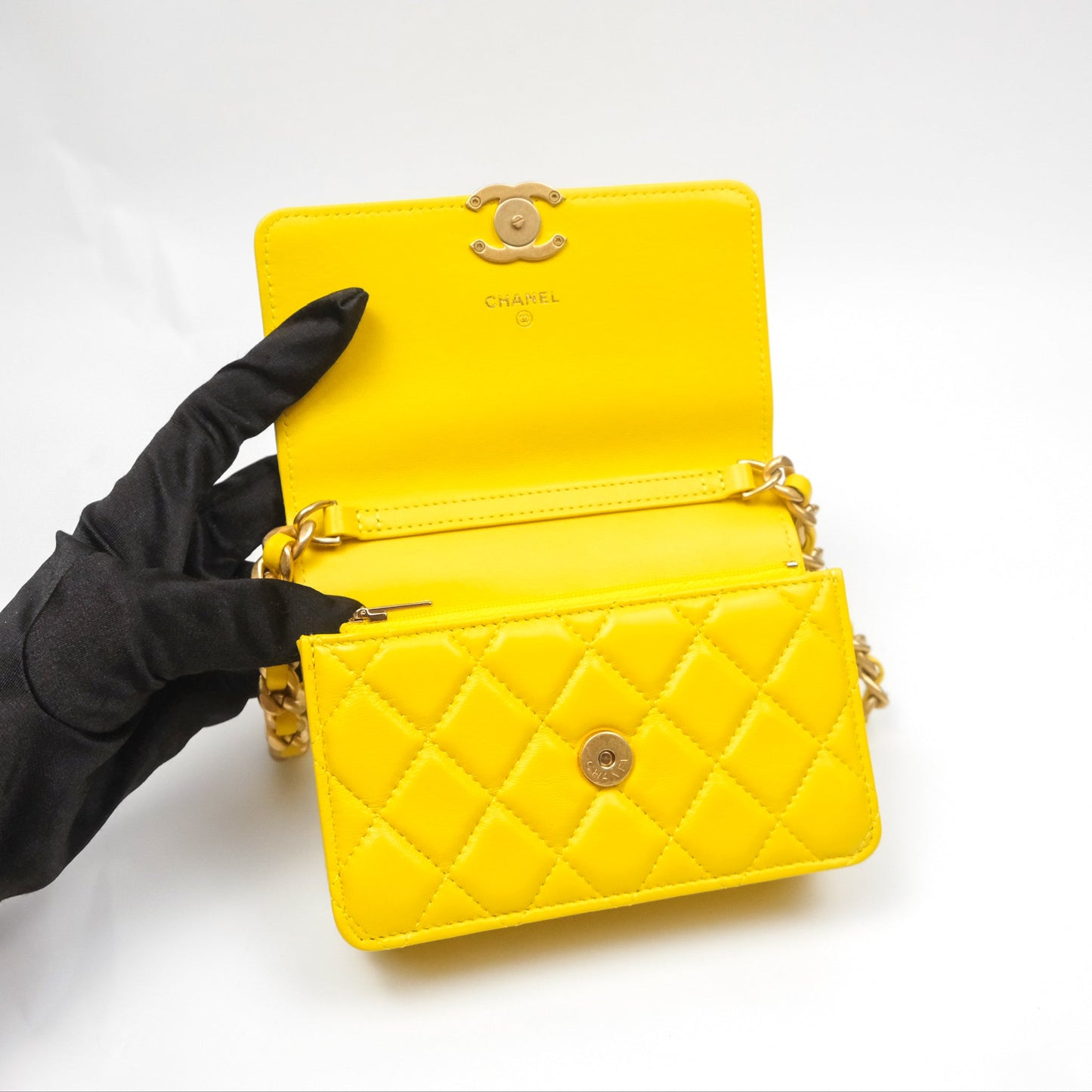 Chanel Lacquered Chain Mini WOC Yellow Lambskin