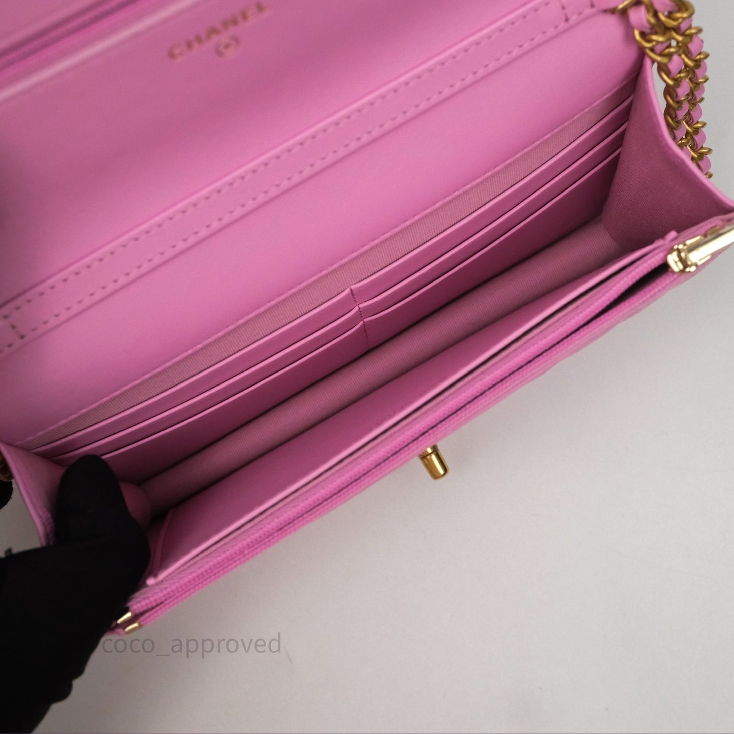 Chanel CC Chain Wallet On Chain WOC Pink Lambskin Aged Gold Hardware