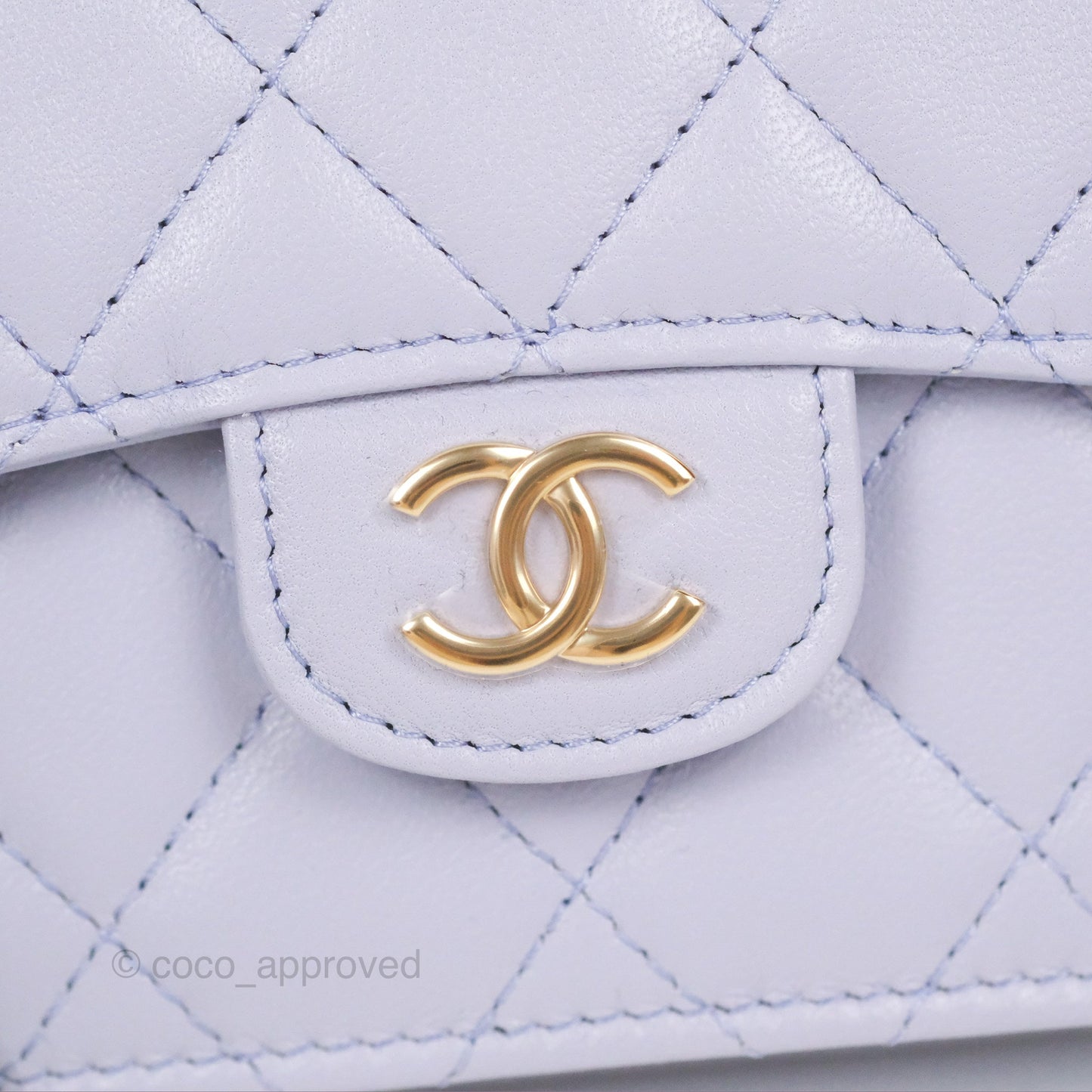 Chanel Mini Handle Flap Coin Purse With Chain Purple Lambskin Gold Hardware
