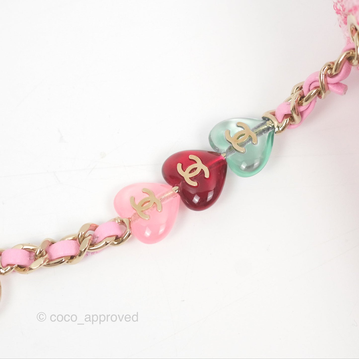 Chanel Flap Bag with Heart Resin Charm Chain Pink Tweed Gold Hardware