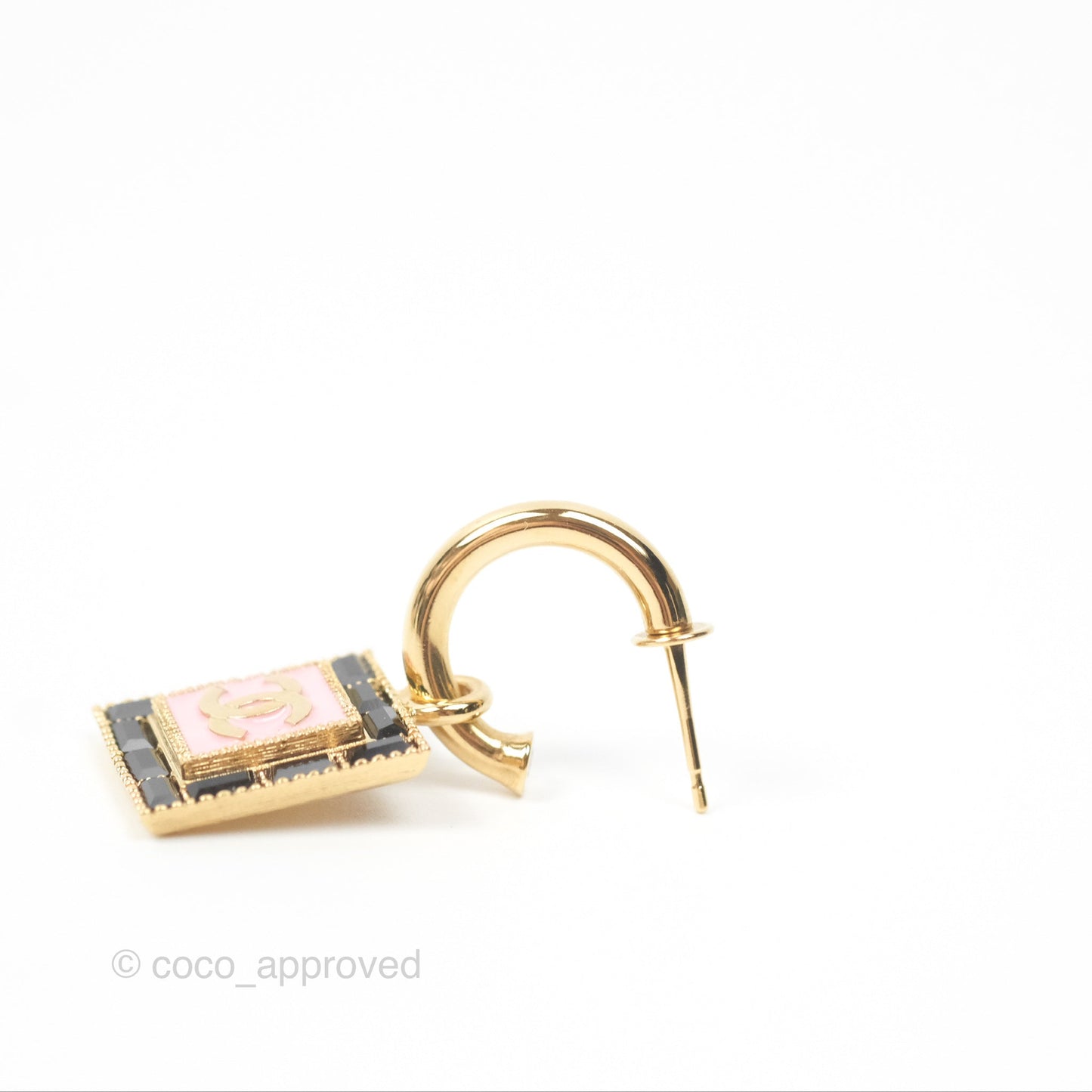Chanel Square Pink CC Hoop Earrings Gold Tone 24S