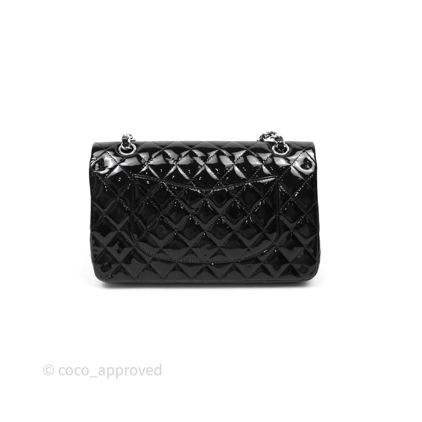Chanel Medium Classic Flap Quilted Black Patent Silver Hardware