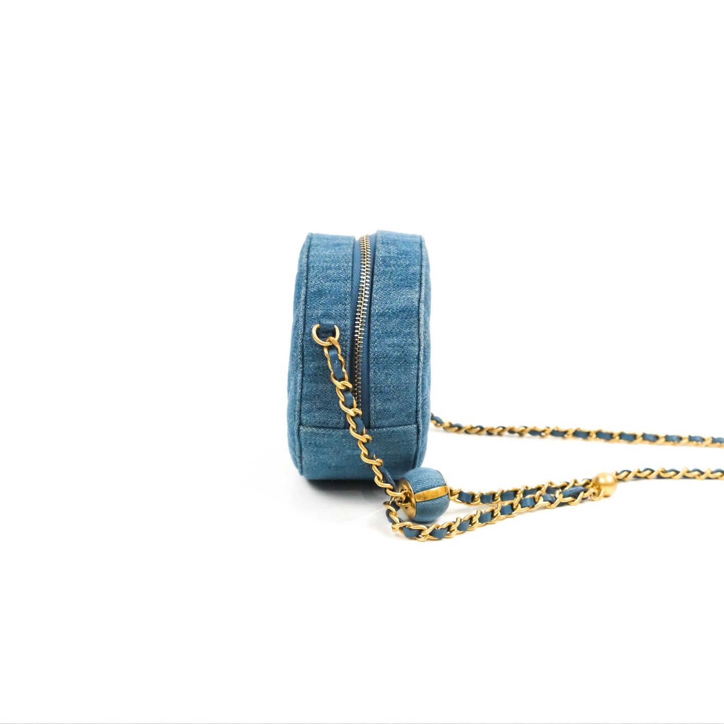 Chanel Quilted Pearl Crush Round Clutch With Chain Denim Aged Gold Hardware