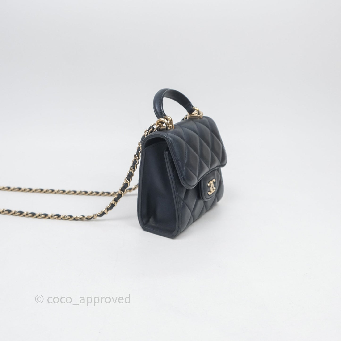 Chanel Mini Handle Clutch With Chain Iridescent Dark Navy Lambskin Gold Hardware