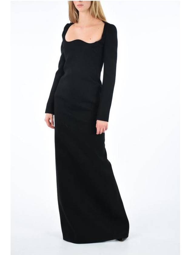 Luxury Saint Laurent Off Shoulder Scoop Neck Wool Long Dress Black