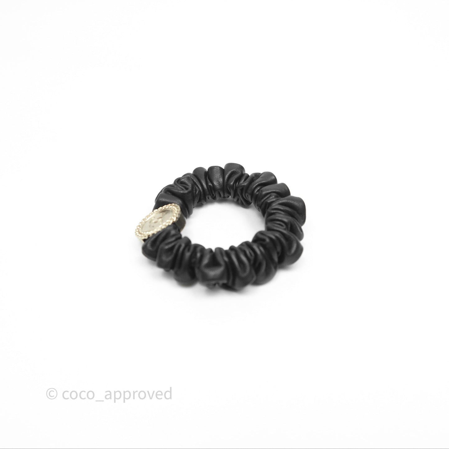 Chanel CC Black Leather Scrunchie Hair Accessory Gold Tone 22P