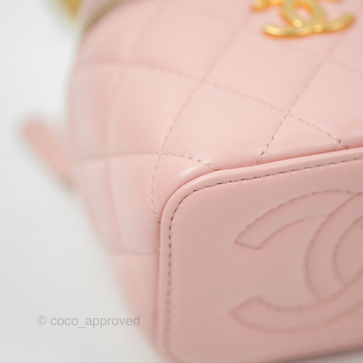 Chanel Mini Vanity With Chain Adjustable Camellia Light Pink Lambskin Aged Gold Hardware