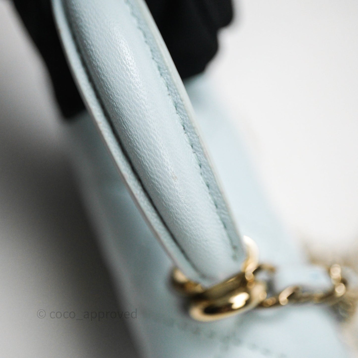 Chanel Mini Handle Flap Coin Purse With Chain Light Blue Lambskin Gold Hardware