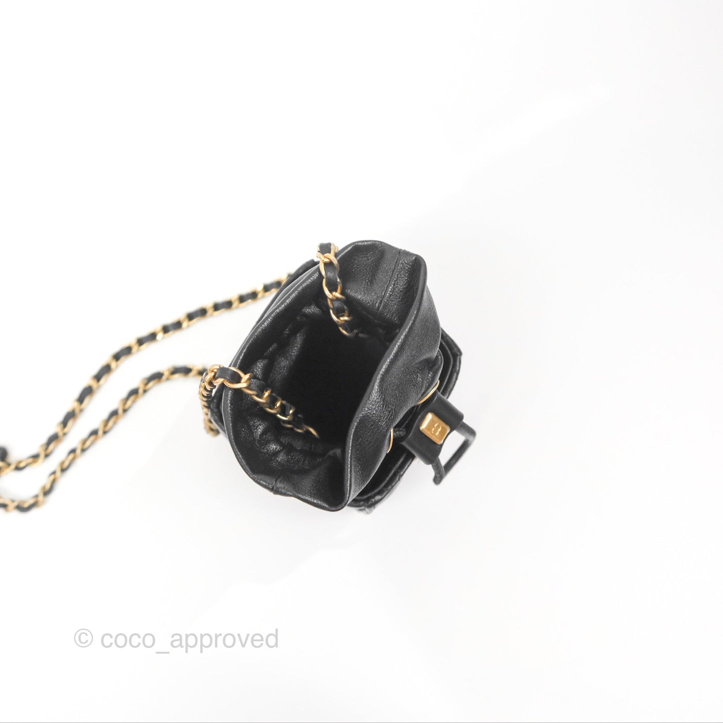 Chanel Mini Drawstring Bucket Bag with Chain Black Calfskin Aged Gold Hardware