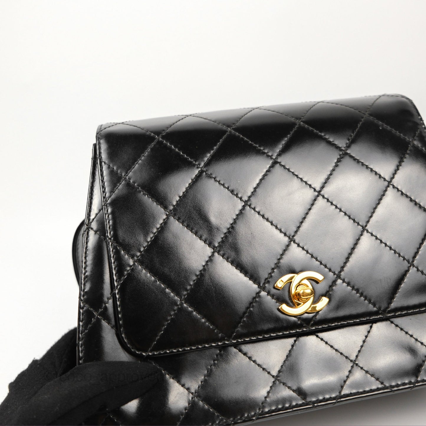 Chanel Vintage Flap Shoulder Bag Black Patent 24K Gold Hardware