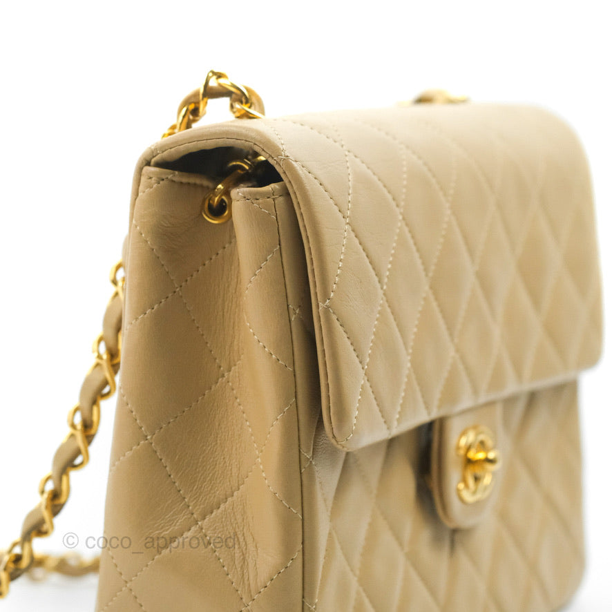 Chanel Vintage Square Flap Bag Beige Lambskin 24K Gold Hardware