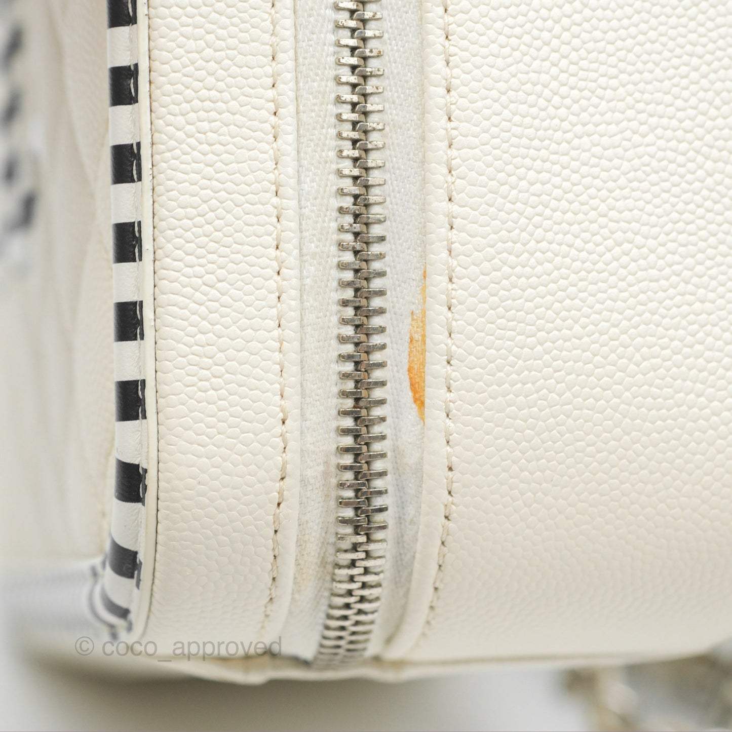 Chanel Quilted Medium CC Filigree Vanity Case White Black Stripe Caviar Silver Hardware