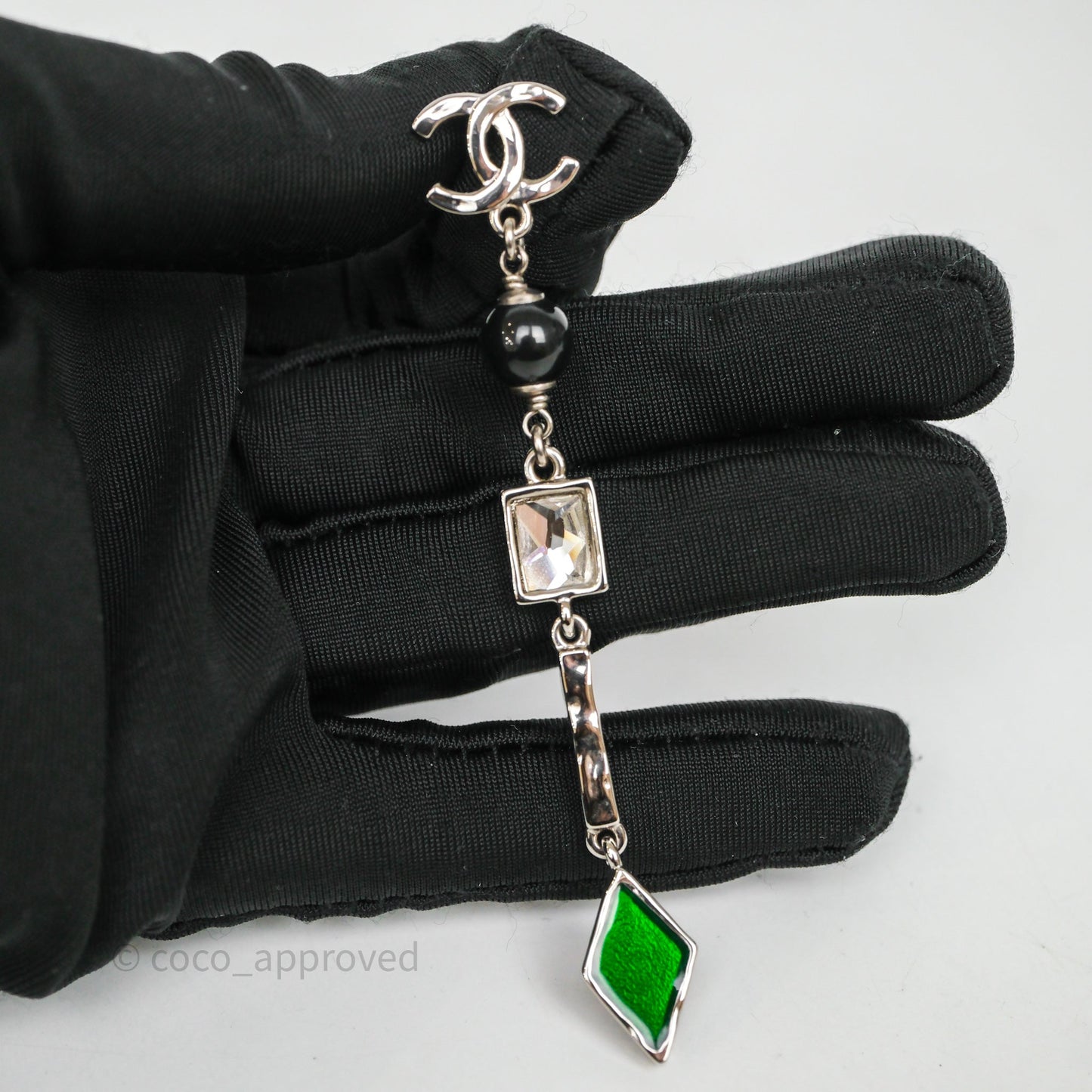 Chanel CC Black/ Green Resin Drop Earrings Silver Tone 26X