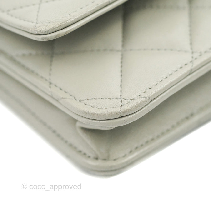 Chanel Quilted Classic Wallet on Chain WOC Light Grey Lambskin Gold Hardware