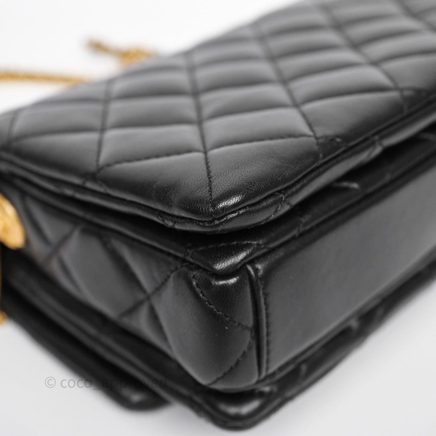 Chanel Quilted Accordion Flap Bag with Button on Chain Black Lambskin Aged Gold Hardware 22A