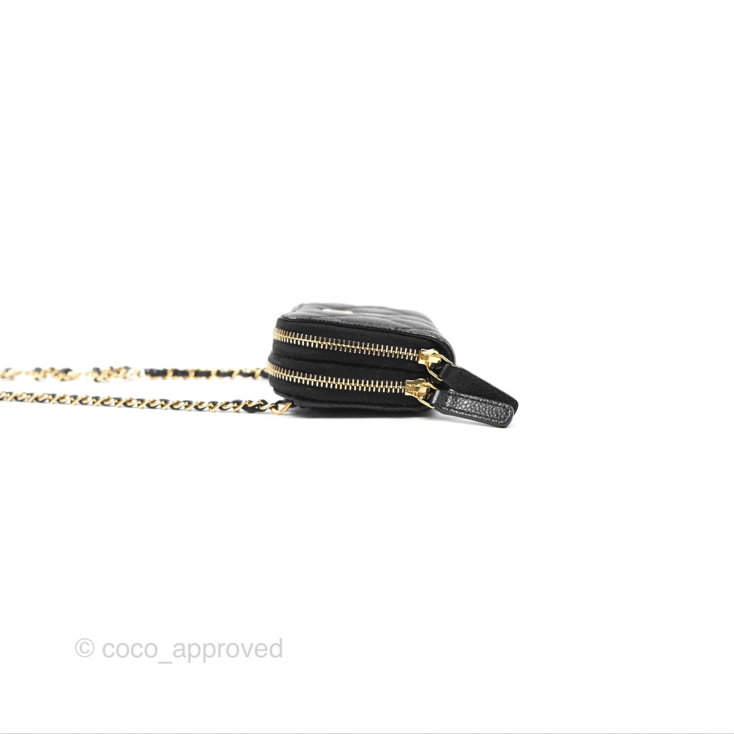 Chanel Miss Coco Quilted Zip Card Holder on Chain Black Caviar Gold Hardware