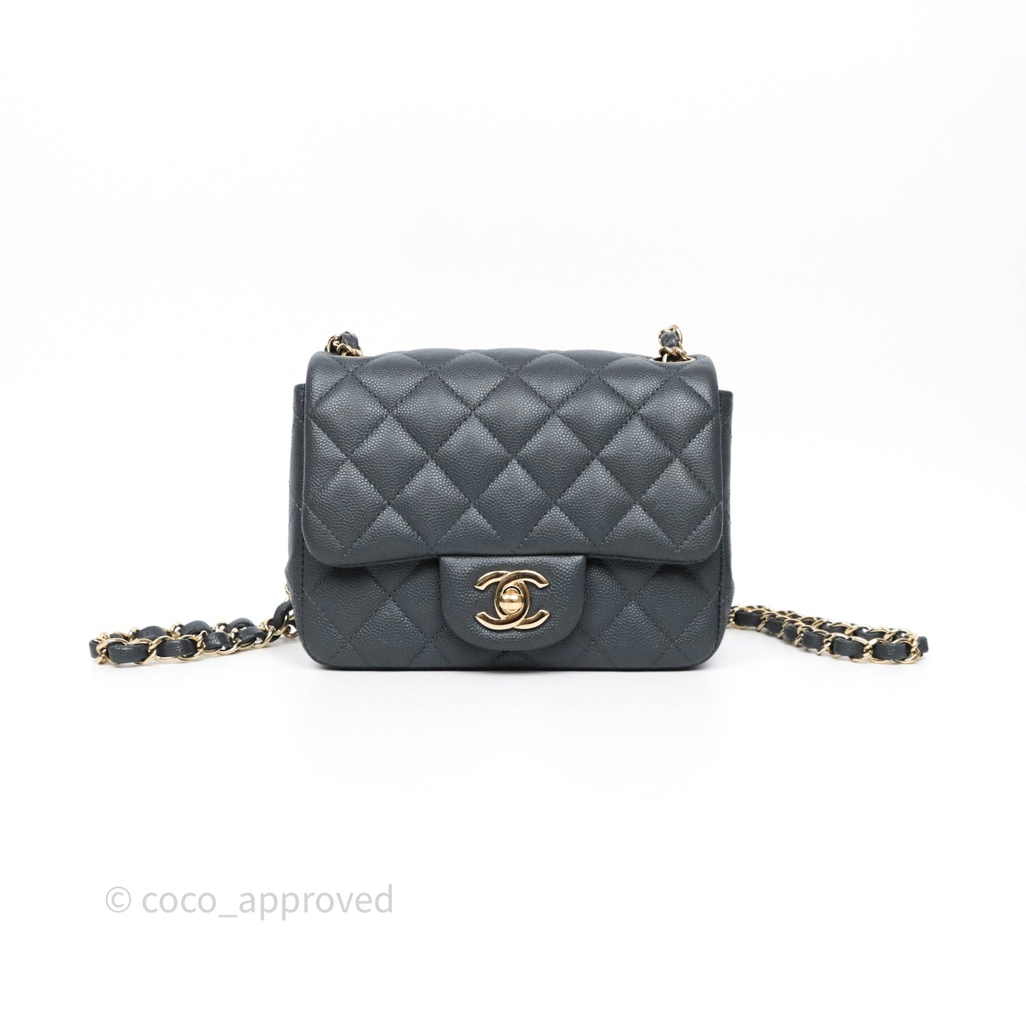 Chanel Mini Square Flap Quilted Dark Grey Blue Caviar Gold Hardware