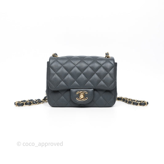 Chanel Mini Square Flap Quilted Dark Grey Blue Caviar Gold Hardware